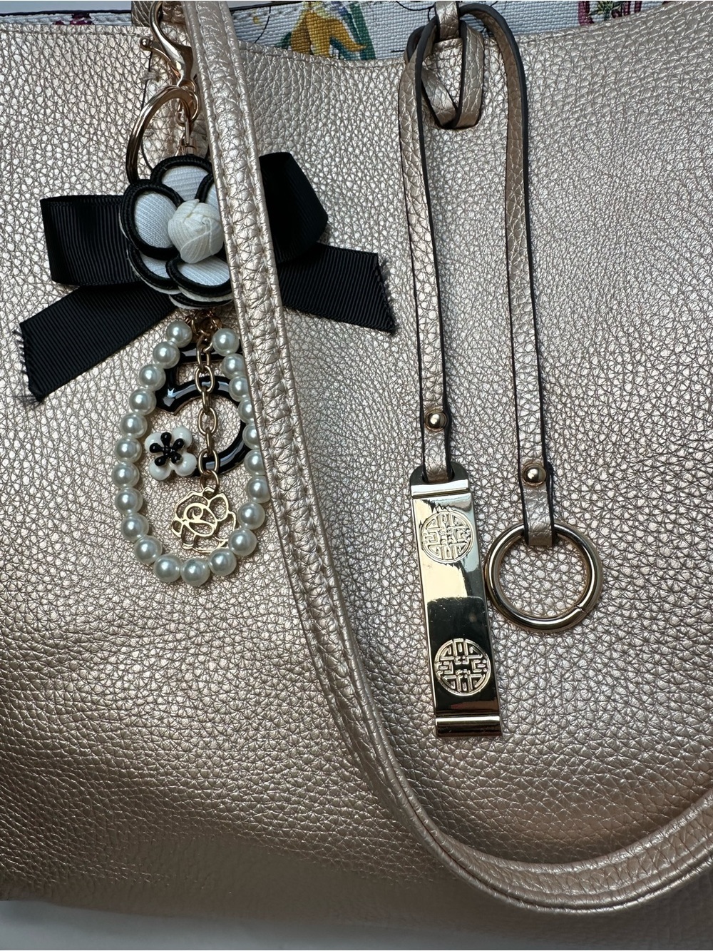 Floral Print Reversible Tote Bag with Gold Trim - Picture 8 of 11